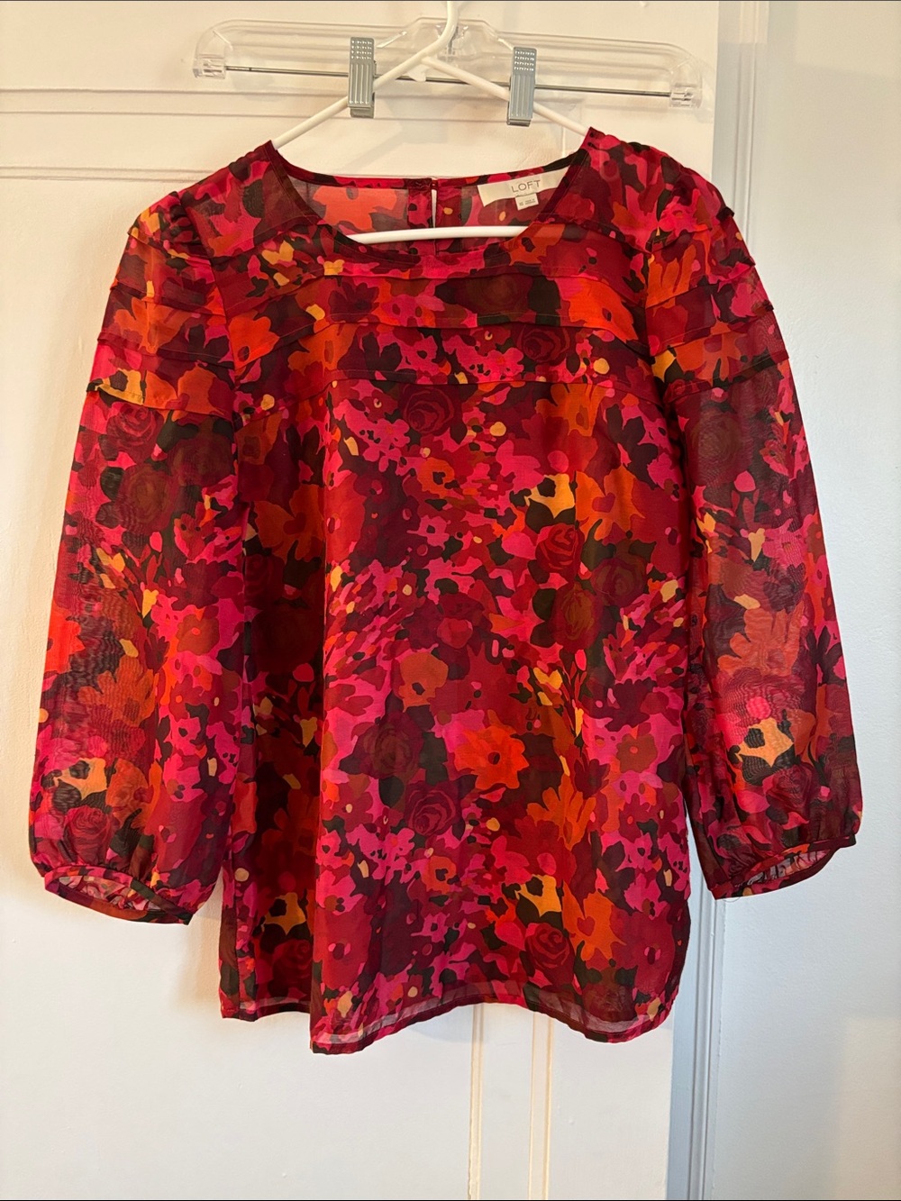 LOFT Sheer Floral Blouse in Red, Pink and Orange